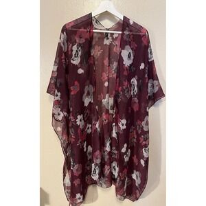 Lane Bryant Open Front Cardigan Burgundy Wine Floral Kimono Sleeves Lightweight